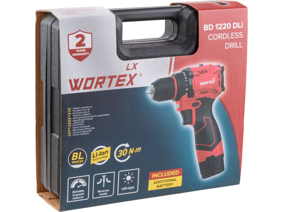 Аккум. дрель-шуруповерт WORTEX LX BD 1220 DLi 12В, 30 Нм, 2*1.5 Ач, патрон 10 мм, бесщёт.