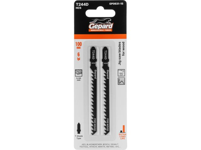 Пилка лобз. по дереву T244D (2 шт.) GEPARD (пропил криволинейный, грубый, быстрый рез)