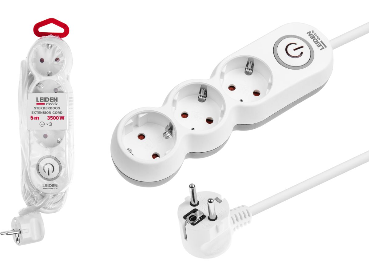 Удлинитель 5м (3 роз., 3,5кВт, с/з, выкл, ПВС 3х1,5) LEIDEN ELECTRIC
