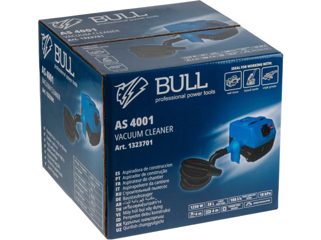 Пылесос BULL AS 4001 + аксессуары 1250 Вт, 38 л, 4м кабель, 4м шланг (ОТГРУЗКА ТОЛЬКО ПО ЭТН/ЭТТН | очистка ручная; розетка 2000 Вт)