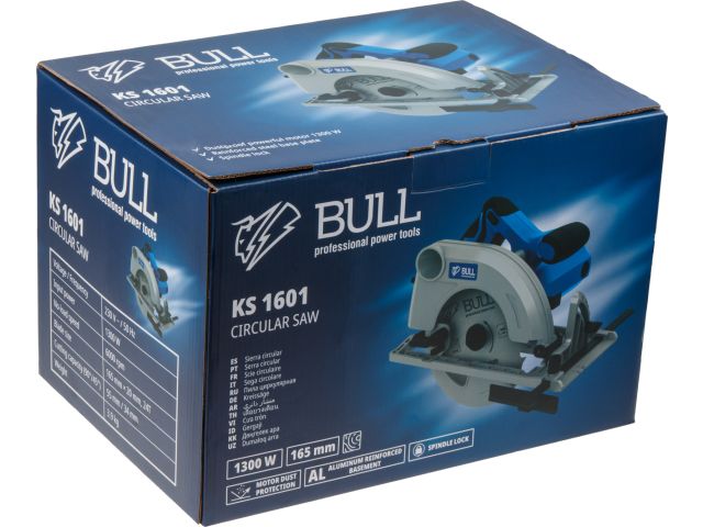 Циркулярная пила BULL KS 1601 в кор.  1300 Вт, 165х20 мм, до 55 мм (Литая алюминиевая платформа, 6000 об/мин)