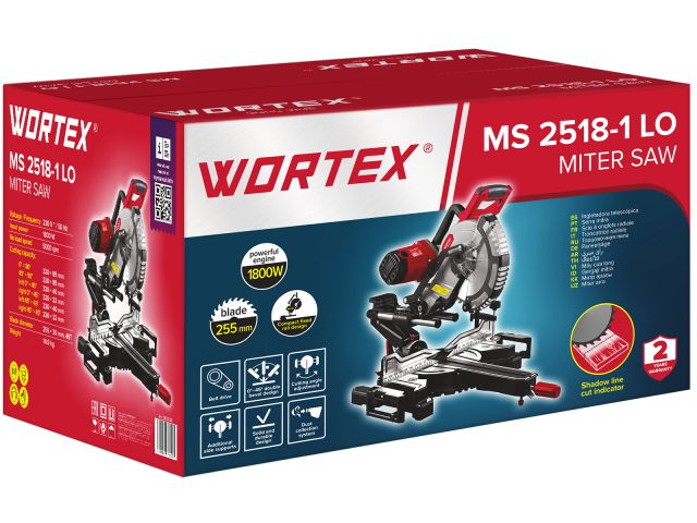 Торцовочная пила WORTEX MS 2518-1 LO в кор. 1800 Вт, 255 мм, 5000 об, глуб. до 85 мм, шир. до 320 мм (1800 Вт, 255 мм, 0°x90°: 320x85 мм, те