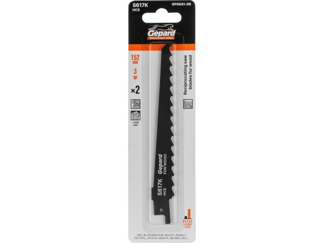 Пилка сабельная по дереву S617K (2 шт.) GEPARD (152мм, полотно для сабельной пилы, пропил криволинейный, грубый, быстрый рез)