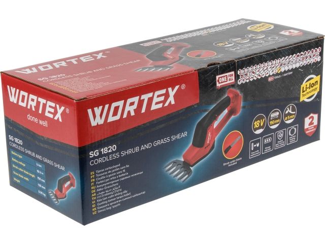 Аккум. ножницы садовые WORTEX SG 1820 в кор. + насадка-кусторез ALL1 XLT SET (18.0 В, 1 акк., 2.0 А/ч, Li-Ion, шир. 80 мм)