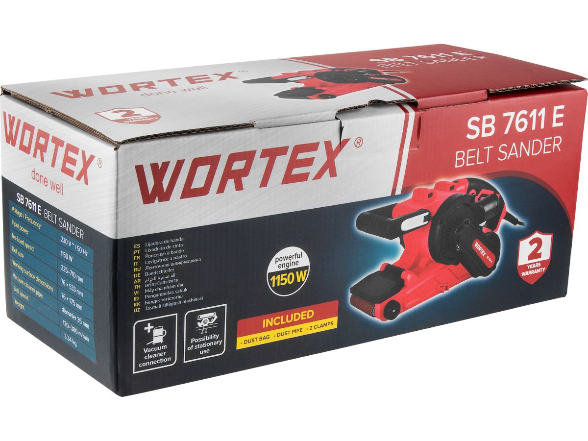 Ленточная шлифмашина Wortex SB 7611 E в кор. 1150 Вт, лента 76х533 мм, крепление к столу