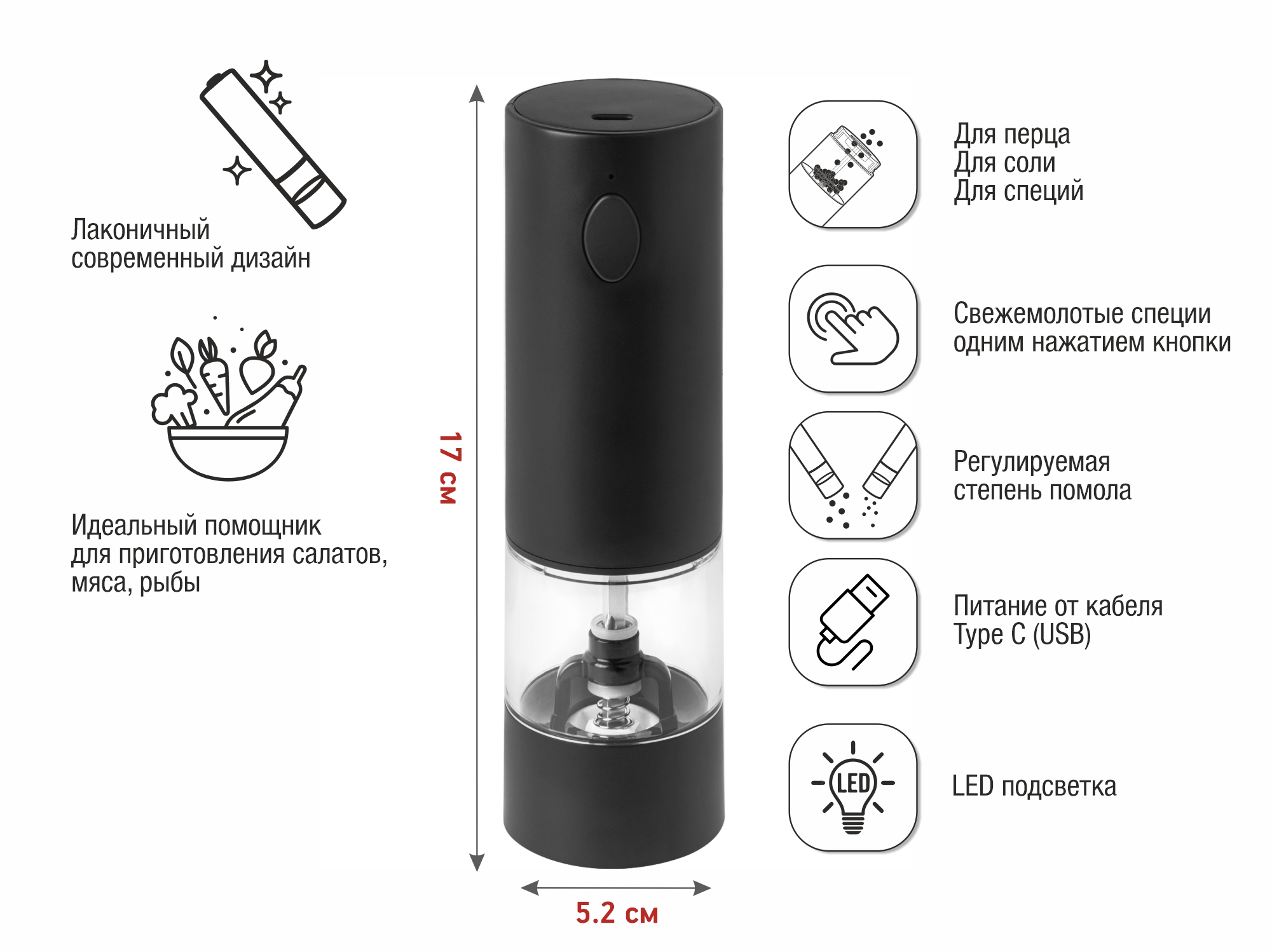 Электромельница, 5.2х17 см., черная, аккумуляторная, CHEF, PERFECTO LINEA
