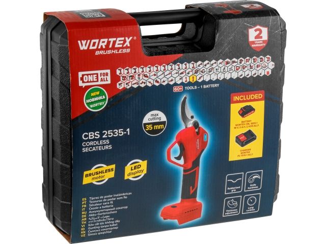 Аккум. секатор WORTEX CBS 2535-1 в чем. БЕСЩЕТ., 18 В, ветки до 35 мм, 1х2 А*ч