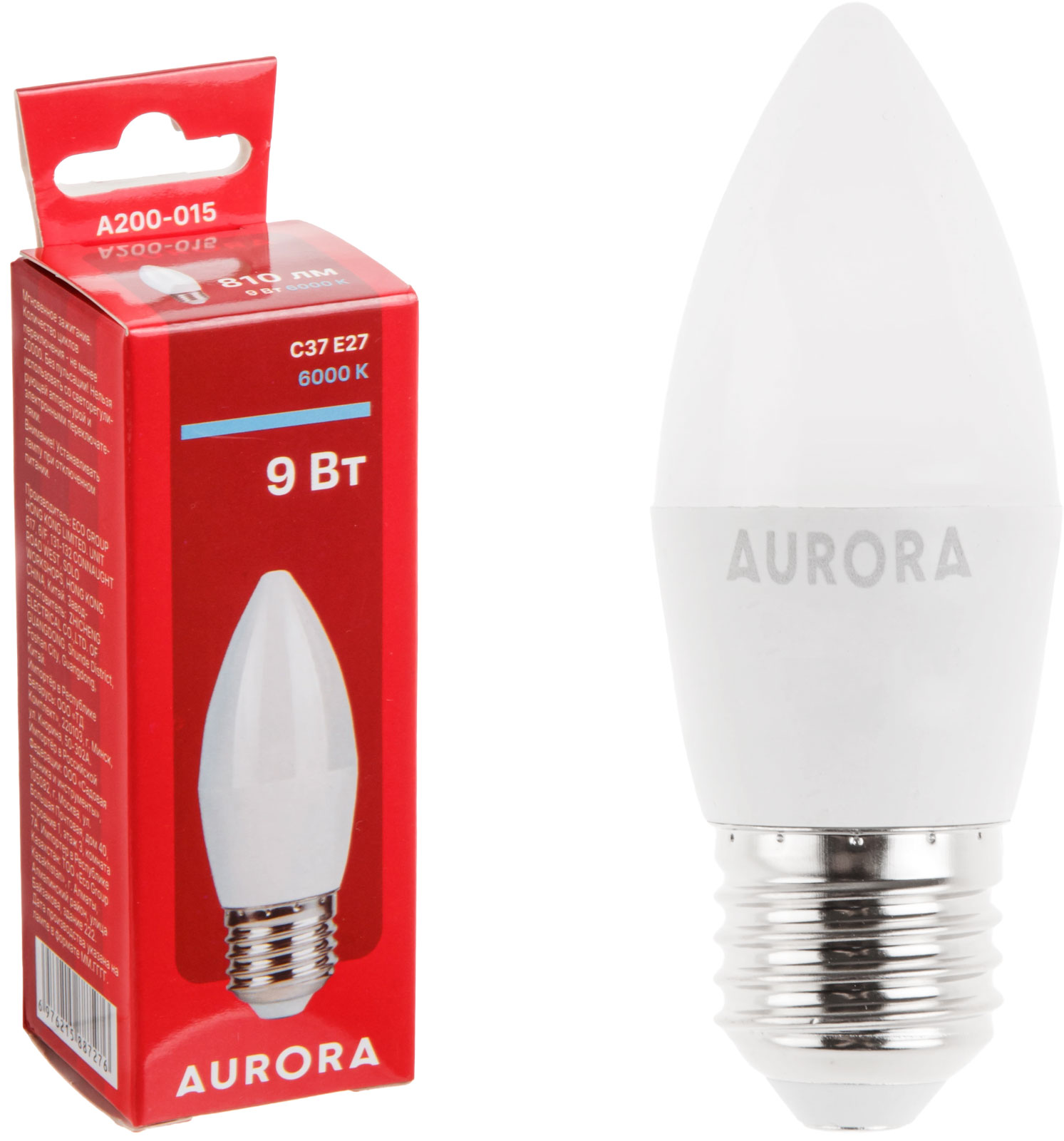 Лампа светодиодная C37 СВЕЧА 9Вт 230В E27 6000K AURORA