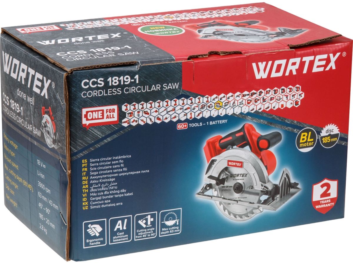 Аккум. циркулярная пила WORTEX CCS 1819-1 в кор. ALL1 XLT SOLO, БЕСЩЕТ., 18 В, 185 мм, до 63 мм